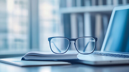 Aufkleber - An e-learning concept image showcasing digital education tools such as a laptop, e-books, and glasses, symbolizing the modern approach to knowledge acquisition and effective learning strategies