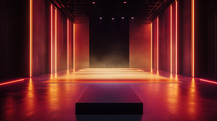 Poster - An atmospheric empty stage set on a dark floor, illuminated by vibrant stage lights strategically placed around the perimeter, creating an inviting space for a performance or event