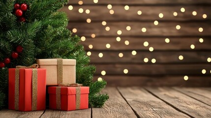 Wall Mural - A photostock of a beautifully decorated Christmas tree with stacked presents underneath, surrounded by glowing holiday lights. High Quality