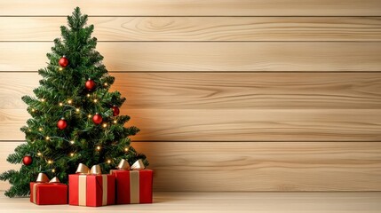 Wall Mural - A photostock of a beautifully decorated Christmas tree with stacked presents underneath, surrounded by glowing holiday lights. High Quality