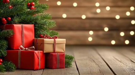 Wall Mural - A photostock of a beautifully decorated Christmas tree with stacked presents underneath, surrounded by glowing holiday lights. High Quality
