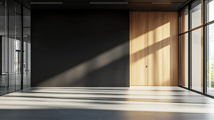 Leinwandbilder - Black sunlit blank wall with place for your advertising poster in minimalistic design office with wooden doors and floor and glass partitions, 3d rendering, mockup