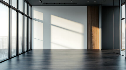 Leinwandbilder - Black sunlit blank wall with place for your advertising poster in minimalistic design office with wooden doors and floor and glass partitions, 3d rendering, mockup
