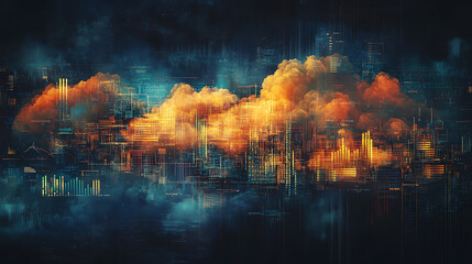 Poster - Cloud analytics concept visualized by abstract data bars and charts on a dark digital background, illustrating the dynamic distribution of information and power of data driven insights