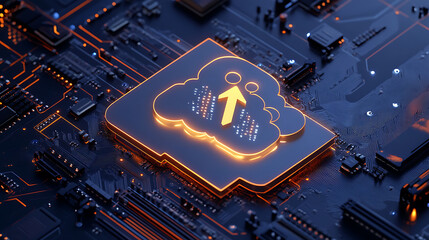 Leinwandbilder - Cloud technologies and data storage concept with digital cloud sign with arrow up and circuit inside connected to motherboard on dark background, 3d rendering