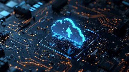 Leinwandbilder - Cloud technologies and data storage concept with digital cloud sign with arrow up and circuit inside connected to motherboard on dark background, 3d rendering