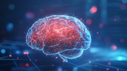 Aufkleber - Creative glowing polygonal brain hologram on blurry blue backdrop, neurology research, artificial intelligence concept, 3d rendering