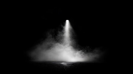 Poster - Dense smoke illuminated by a single shaft of light in a dark space, isolation and drama concept