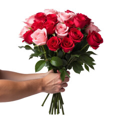 Hands holding a bouquet of fresh red and pink roses with green leaves, isolated on transparent background, symbolizing romance and affection. Flower delivery concept