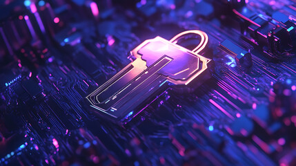 Poster - Digital key hologram on blue background, digital security and data protection concept