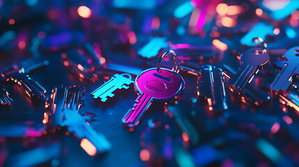 Leinwandbilder - Digital key hologram on blue background, digital security and data protection concept