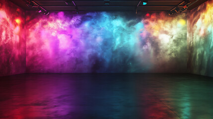 Poster - Empty room with blank dark floor for your product presentation with reflection of colorful neon illuminated lamps along the wall on background, 3d rendering, mockup