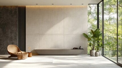 Wall Mural - Modern minimalist living room with large window, beige wall, wooden chair, and plants.