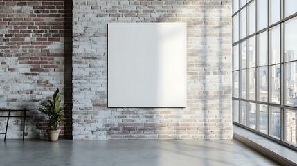 Aufkleber - Front view of blank white poster on light brick wall in a modern loft interior with concrete floor, mockup background