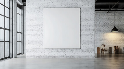 Poster - Front view of blank white poster on light brick wall in a modern loft interior with concrete floor, mockup background