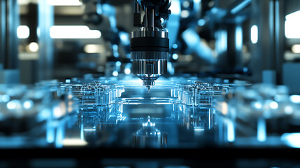 Fototapete - High tech manufacturing facility with cutting automation technology, new generation technology in action with robotic arms and automated machines working seamlessly in a modern industrial environment