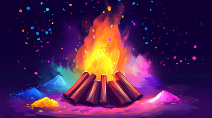 Poster - Illustration of bonfire with colorful powders around for holika dahan