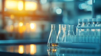 Aufkleber - Innovative pharmaceutical production, medical vials and research in a laboratory, blurred background, copy space