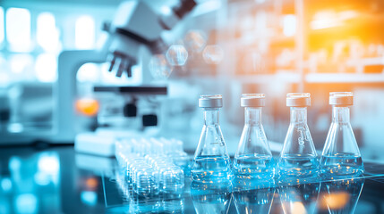 Aufkleber - Innovative pharmaceutical production, medical vials and research in a laboratory, blurred background, copy space