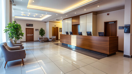 Poster - Interior of modern hotel lobby with white and brown walls, tiled floor, wooden reception desk and armchairs, vertical mock up poster