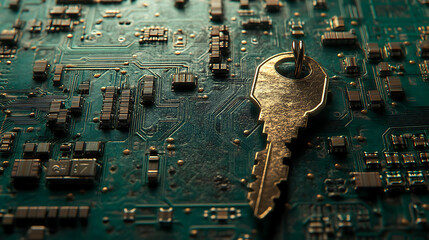 Leinwandbilder - Key on digital circuit board background, cyber security concept