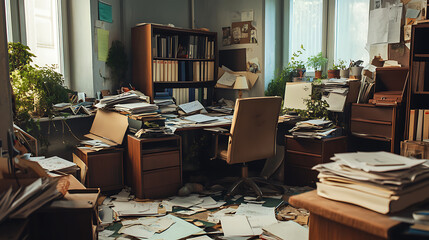 Aufkleber - Messy office interior with a lot of paperwork and furniture left on the floor