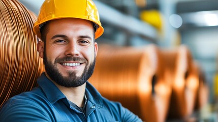 Poster - A smiling worker in a hard hat stands in a factory setting, surrounded by copper coils and machinery, exuding professionalism and confidence.