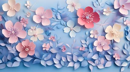 Poster - Paper cut blossom flowers frame, spring nature background, floral banner, poster, flyer template