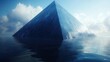 © RONNY - Mysterious dark blue pyramid partially submerged in calm ocean water under a partly cloudy sky.