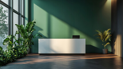 Leinwandbilder - Perspective view modern green reception desk with white blank spot in stylish entrance area with light ceramic and emerald wall background, dark wooden floor and stylish light, 3d rendering, mock up
