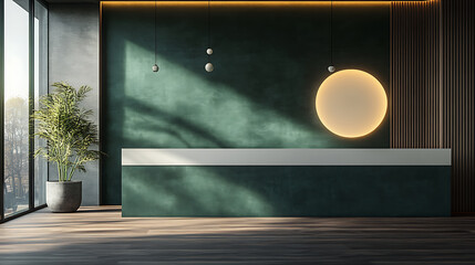 Poster - Perspective view modern green reception desk with white blank spot in stylish entrance area with light ceramic and emerald wall background, dark wooden floor and stylish light, 3d rendering, mock up