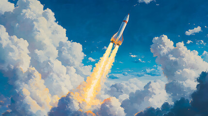 Aufkleber - Pop art inspired rocket soaring through clouds