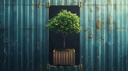 Aufkleber - Single tree with lush green leaves sprouting from an open sea cargo container, symbolizing ecofriendly and sustainable shipping practices