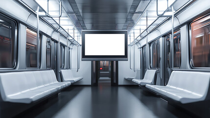 Poster - Sleek and empty subway carriage with a prominent banner mockup, offering a modern urban transit experience