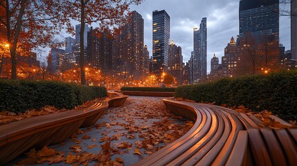 Poster - Urban park at autumn dusk, curved benches covered with fallen leaves, city skyline in background.