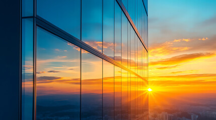 Poster - Sunset in the window of a modern office building with glass walls