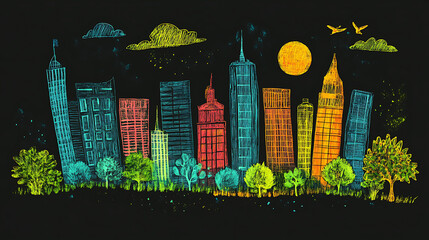 Poster - Sustainable urban city illustration in vibrant crayon style, featuring eco-friendly buildings and green spaces, isolated on black background