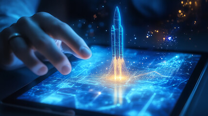 Aufkleber - Touching a holographic rocket launch from a tablet screen