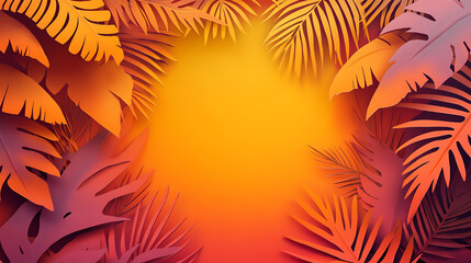 Wall Mural - Tropical paper style background and cutouts, sunset with palm trees and plants