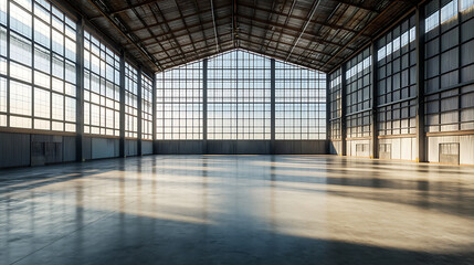 Fototapete - 3d illustration of an empty warehouse with a lot of windows, 3d rendering of large hangar building and concrete floor