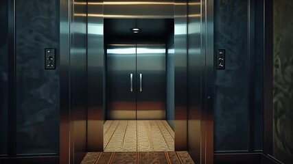 Wall Mural - Steel Elevator Doors: An imposing steel elevator door with a wooden floor awaits passengers, creating a sense of anticipation and mystery within a modern, luxurious setting.