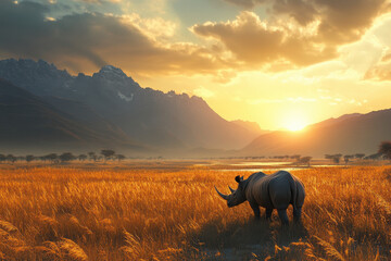 Wall Mural - A rhinoceros stands in a golden grassland at sunset, framed by mountains and a serene river.