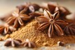 ©  Foring_Stock - Ground star anise powder, finely detailed and arranged in a small pile with warm brown hues, ideal for cooking.