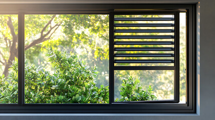 Poster - Awning window frame open, black metal detail with nature view and free space, louver glass texture for house decor, building, real estate, property, living and hotel, close up aluminum casement