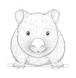 © Liang - Black and white vector illustration of a cute, smiling wombat head in the front view, on a white background, with line art and high detail, and no shadows.