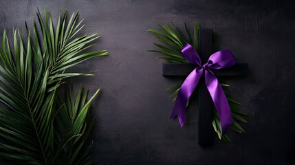 Wall Mural - Cross with purple ribbon and palm leaf on dark background. Good Friday concept 