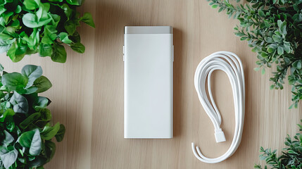 Poster - Charging power bank, portable powerbank with white usb cable for charger mobile phone or smartphone battery, modern technology concept in top view