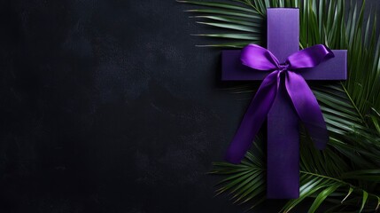 Wall Mural - Cross with purple ribbon and palm leaf on dark background. Good Friday concept 