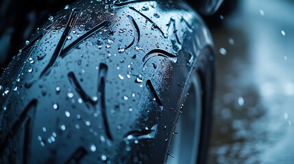 Poster - Close-up shot of classical motorcycle tire tread in wet weather condition