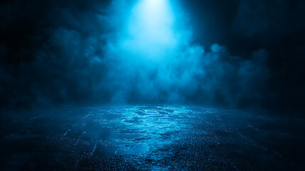 Fototapete - Dark empty scene, blue neon searchlight light, wet asphalt, smoke, night view, rays